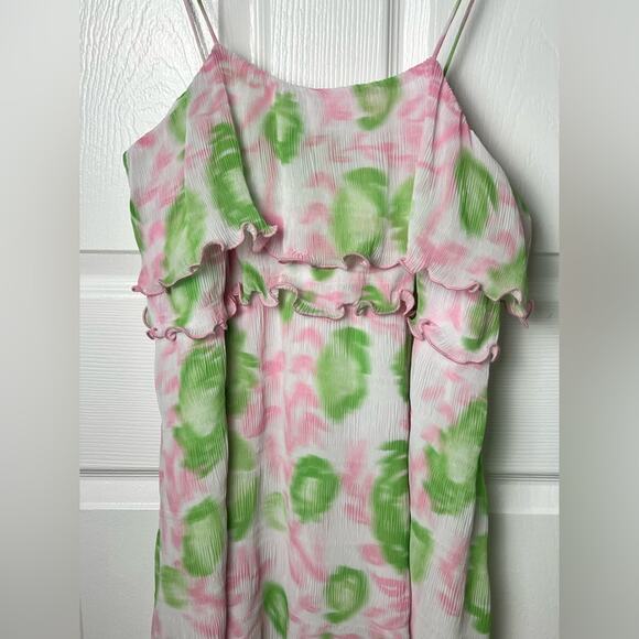 GANNI Womens Pink Green Pleated Ruffle Georgette Strap Mini Dress Sz S - Picture 5 of 9